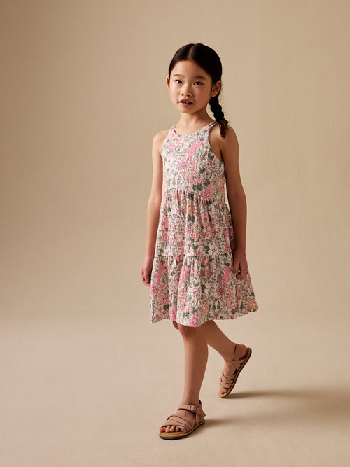 Pink Flower Print Strappy Crinkle Summer Dress (3-16yrs)