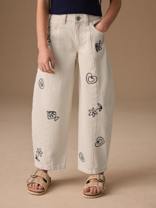 Ecru Embroidery Barrel Leg Jeans (3-16yrs)