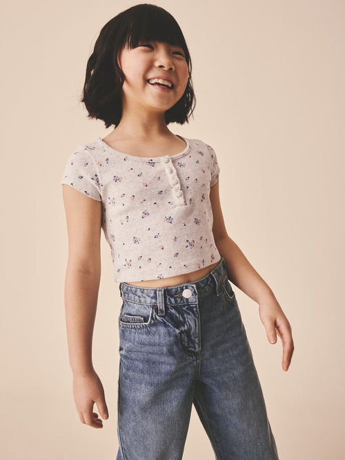 Grey Ditsy Floral Pointelle Button Front Top (3-16yrs)