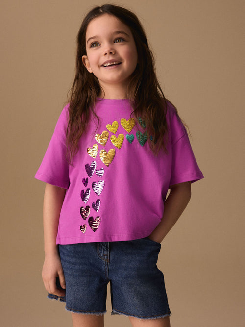 Pink Rainbow Sequin Heart T-Shirt (3-16yrs)