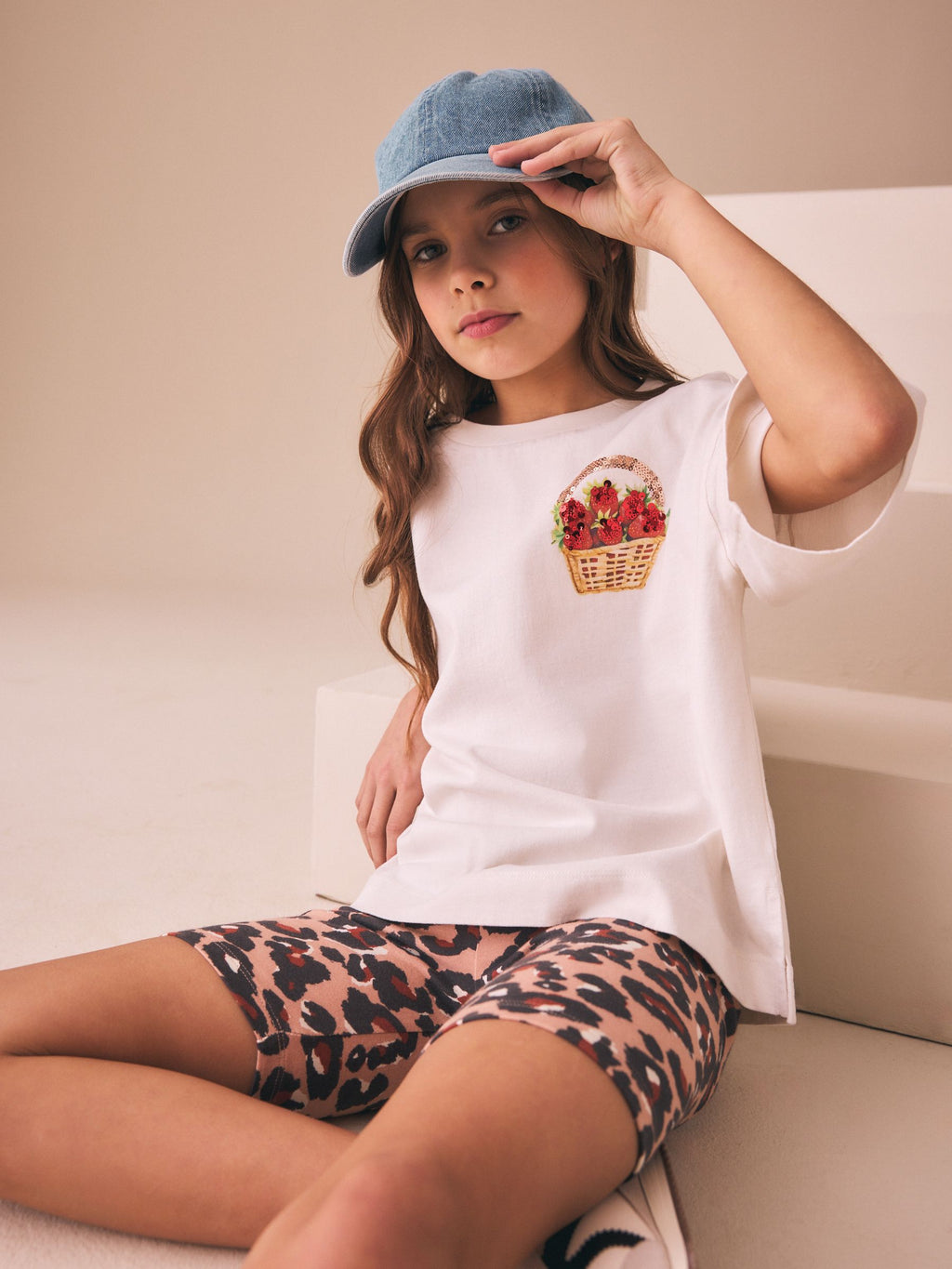 White Strawberry Oversized Boxy  Sequin Graphic T-Shirt (3-16yrs)