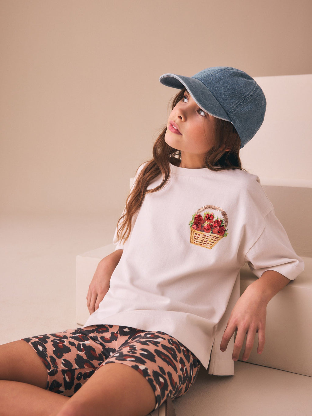 White Strawberry Oversized Boxy  Sequin Graphic T-Shirt (3-16yrs)