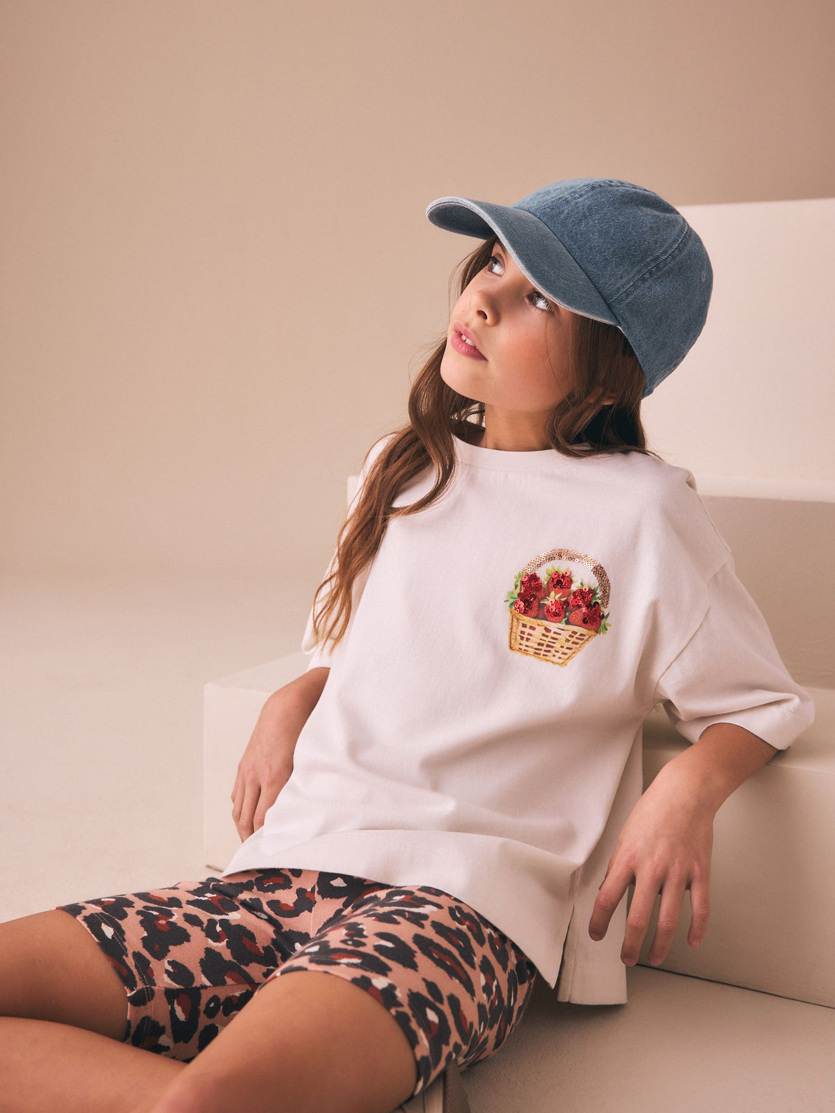 White Strawberry Oversized Boxy  Sequin Graphic T-Shirt (3-16yrs)
