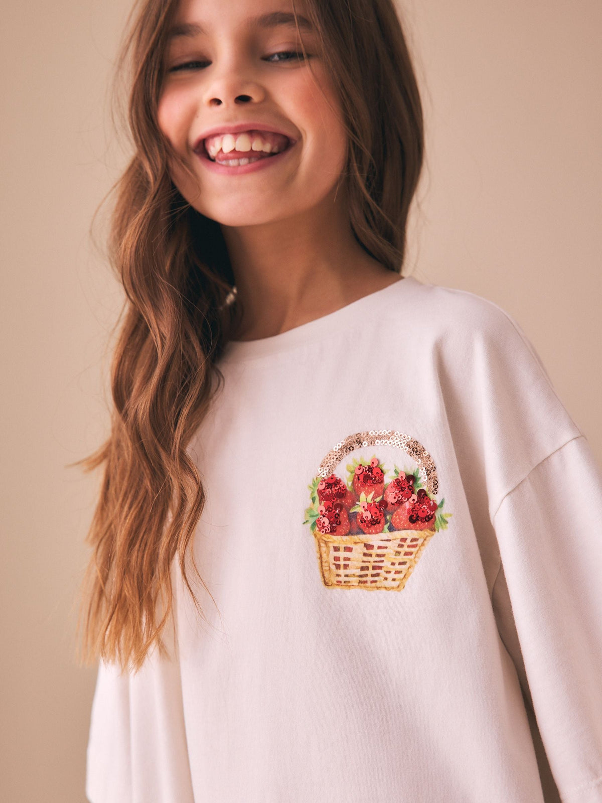 White Strawberry Oversized Boxy  Sequin Graphic T-Shirt (3-16yrs)