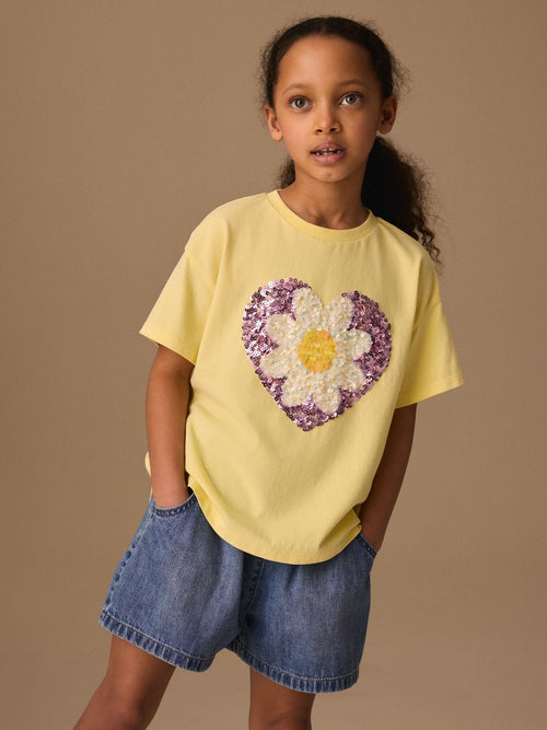 Yellow Daisy Sequin Heart T-Shirt (3-16yrs)