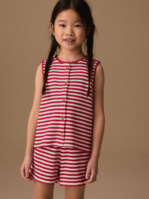Red Stripe Textured Waffle Waistcoat Shorts Set (3-16yrs)