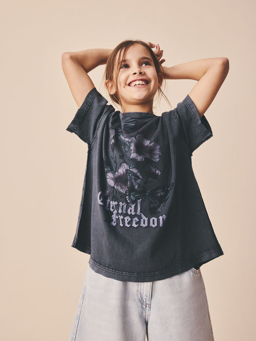 Charcoal Grey Floral Oversized Graphic Print T-Shirt (3-16yrs)