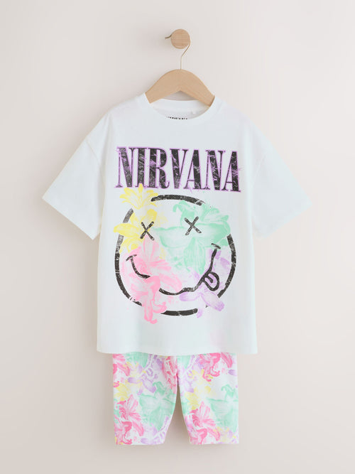 White Nirvana License Oversized T-Shirt and Cycling Shorts Set (3-16yrs)