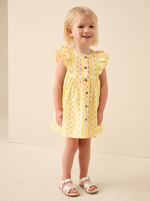 Pastel Yellow Check Double Ruffle Sleeve Dress (3mths-8yrs)