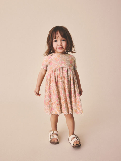 Pink Floral Short Sleeve Ribbed Dress (3mths-7yrs)
