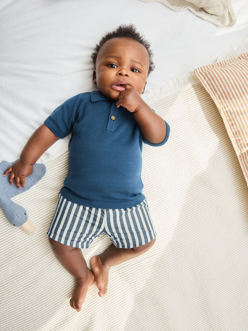 Navy Blue Knitted Top and Woven Shorts Baby Set (0mths-2yrs)
