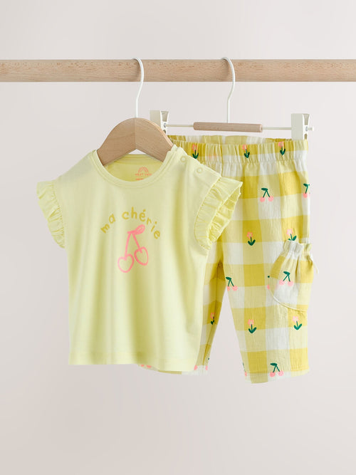 Yellow Cherry Short Sleeve Baby Tops and Wide Leg Leggings Set 2 Piece (0mths-2yrs)