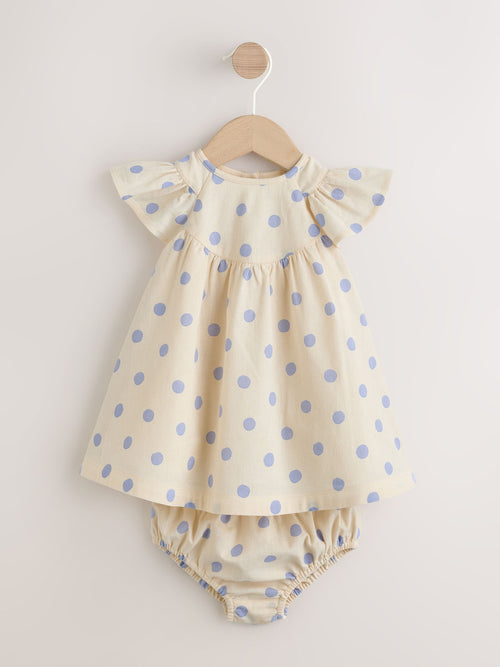 Blue/Ecru Spot Woven Baby Dress And Knickers Set 2 Piece (0mths-3yrs)