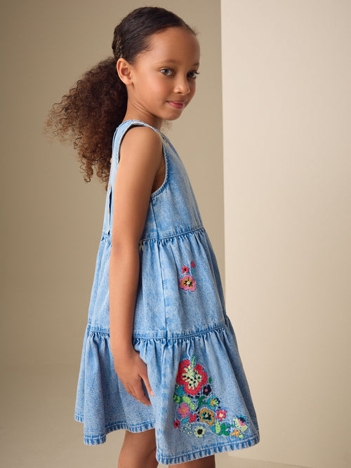 Blue Denim Embroidered Tiered Dress (3-16yrs)