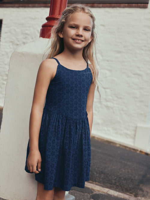 Navy Strappy Broderie Dress (3-16yrs)