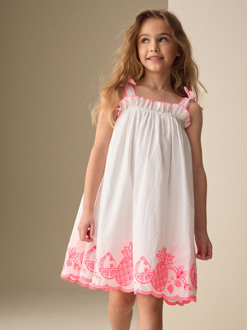White/Pink Bow Strappy Embroidered Summer Dress (3-16yrs)