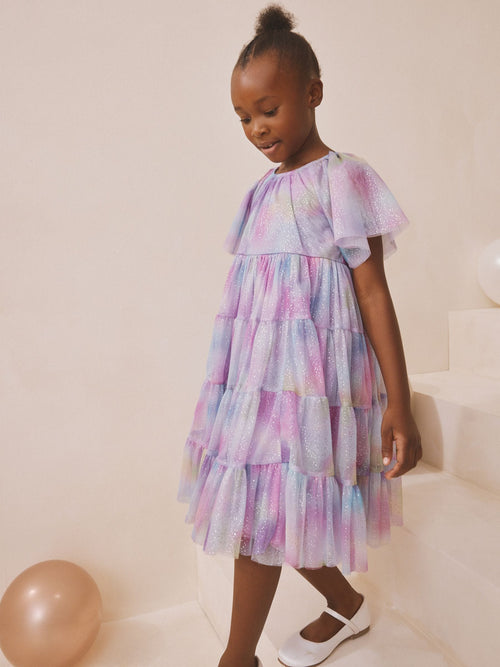 Lilac Purple Rainbow Tiered Mesh Occasion Dress (3-16yrs)