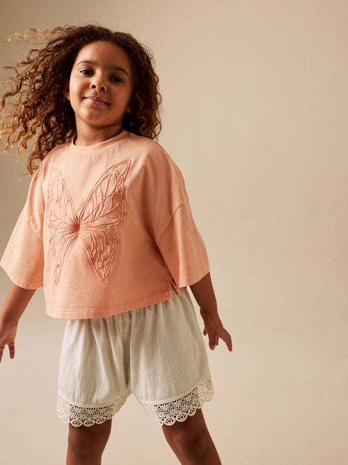 Orange/Cream Butterfly T-Shirt and Textured Shorts Set (3-16yrs)