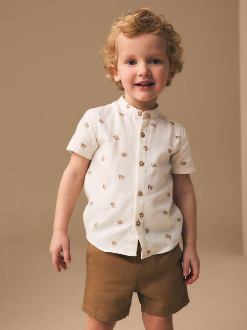 Ecru Bear All Over Print Short Sleeve Grandad Collar Printed Shirt (3mths-7yrs)