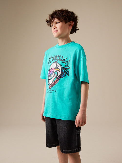 Aqua Blue Skull Relaxed Fit Short Sleeve Graphic T-Shirt (3-16yrs)