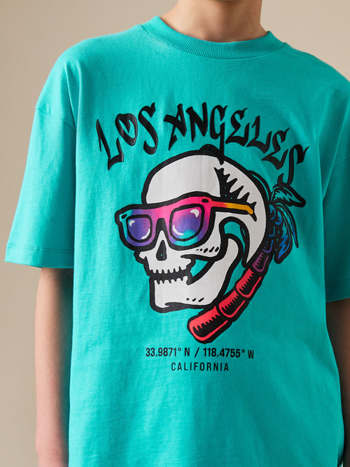 Aqua Blue Skull Relaxed Fit Short Sleeve Graphic T-Shirt (3-16yrs)