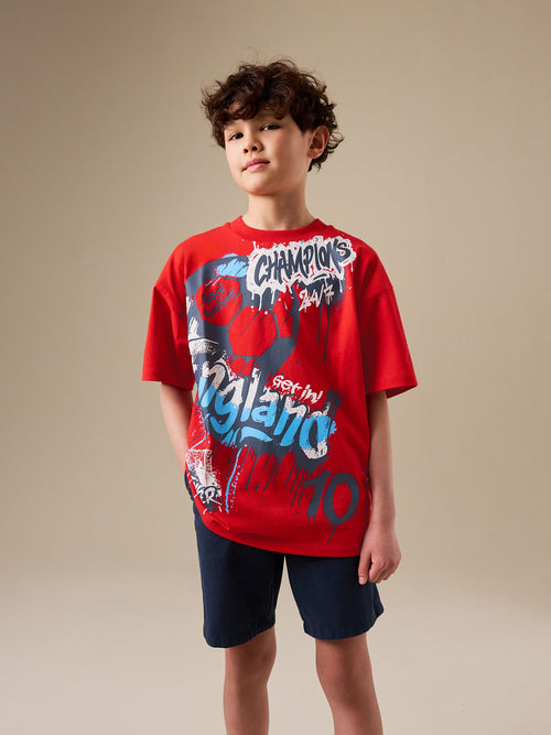 Red England Short Sleeve Graphic Football T-Shirt (3-16yrs)
