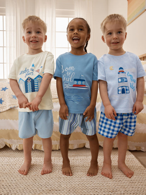 Blue/White Seaside Woven Short Pyjamas 3 Pack (9mths-12yrs)