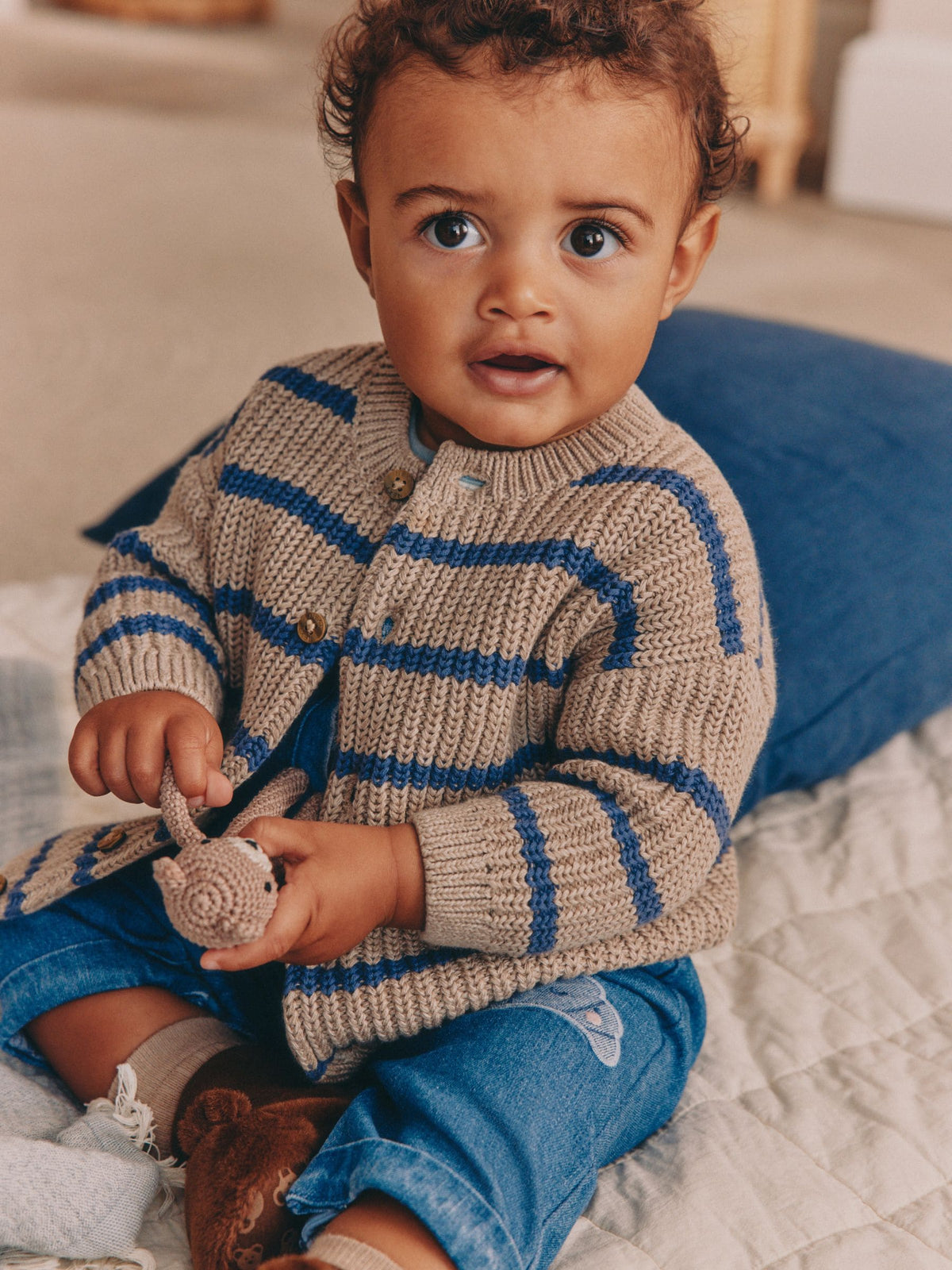 Brown/Blue Stripe Embroidered Bear Cardigan (0mths-2yrs)