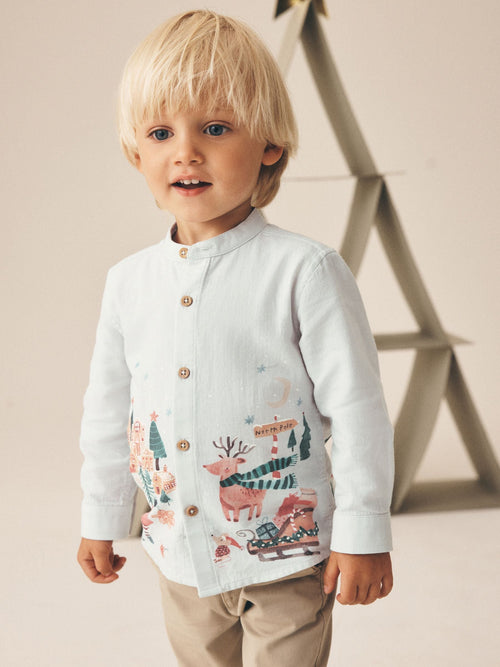 Light Grey Christmas Scene Long Sleeve Grandad Collar Scene Printed Shirt (3mths-10yrs)