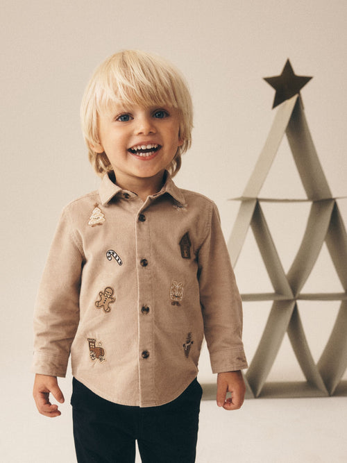 Tan Brown Long Sleeve All Over Embroidery Christmas Shirt (3mths-10yrs)