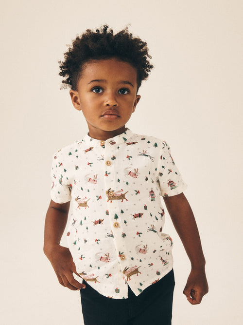 Ecru White Short Sleeve Grandad Collar Christmas Shirt (3mths-10yrs)