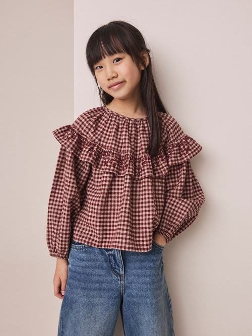 Chocolate Brown Check Ruffle Blouse (3-16yrs)