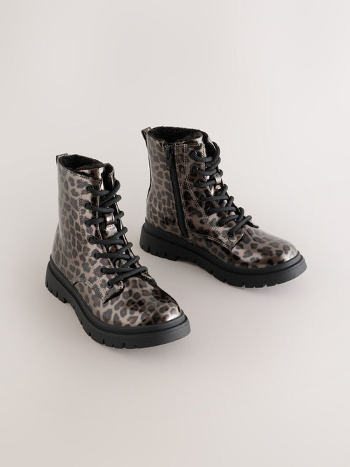 Mink Brown Leopard Print Standard Fit (F) Warm Lined Lace-Up Boots