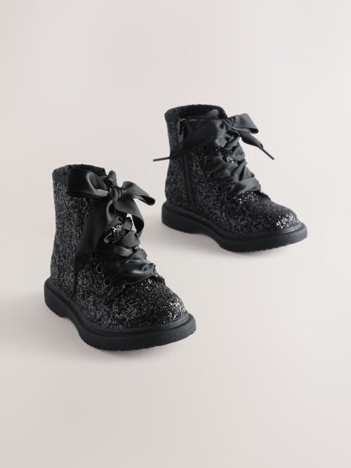 Black Glitter Wide Fit (G) Lace Up Ankle Boots