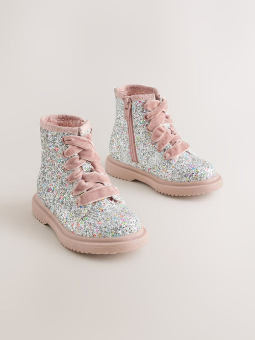 Silver/Pink Glitter Wide Fit (G) Lace Up Ankle Boots