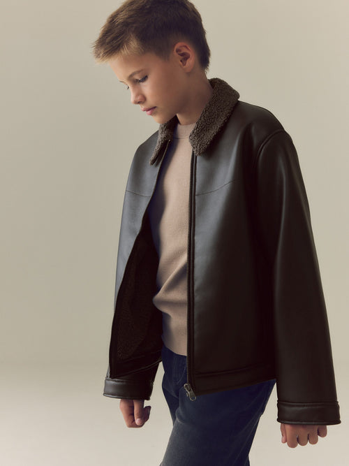 Brown Borg Collared Faux Leather Jacket (3-16yrs)