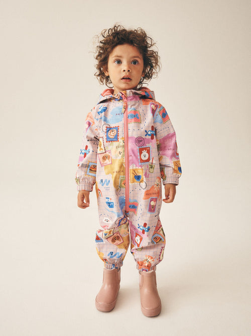 Pink World Map Waterproof Fleece Lined Puddlesuit (3mths-7yrs)