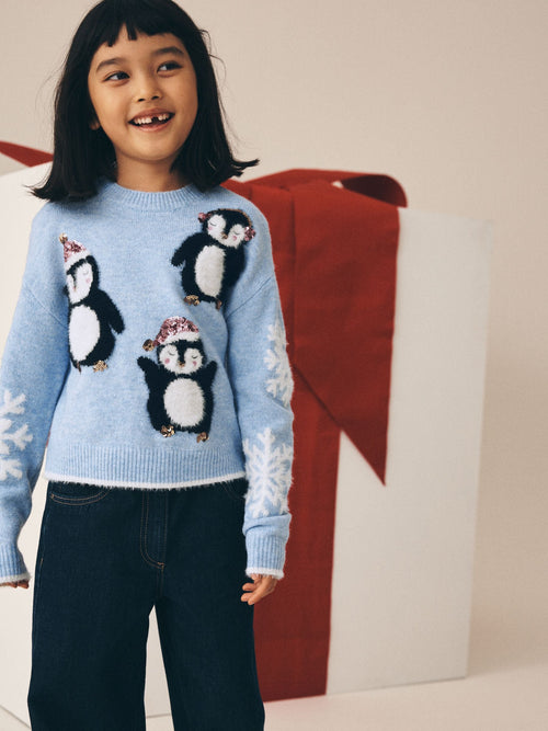 Penguin Blue Christmas Jumper (3-16yrs)