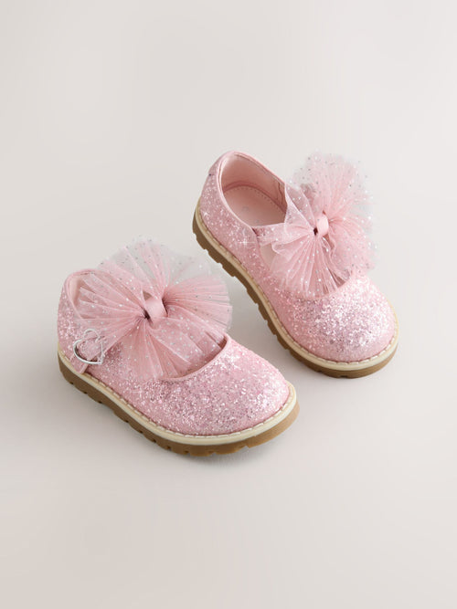 Pink Glitter Wide Fit (G) Chunky Bow Mary Jane Shoes