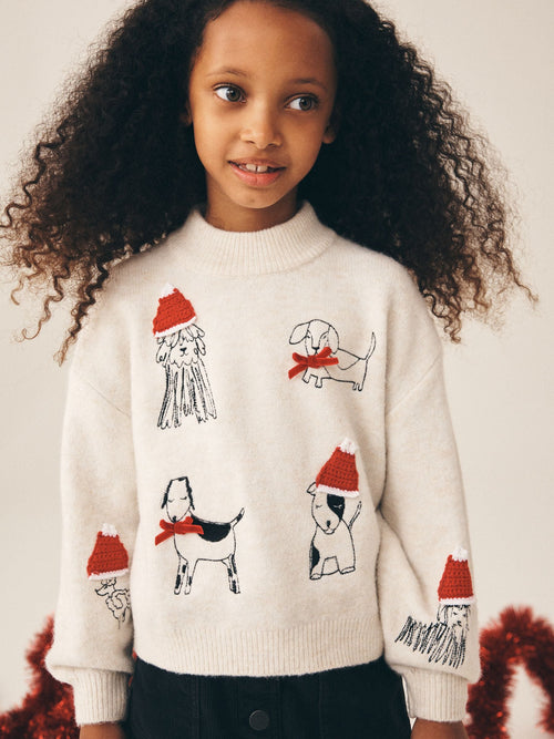 Ecru Embroidered Dog Christmas Jumper (3-16yrs)