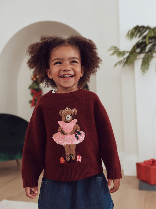 Burgundy Red Nutcracker Bear Christmas Jumper (3mths-7yrs)