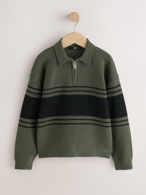 Dark Green Colourblock Knitted Zip Neck Polo Shirt (3-16yrs)