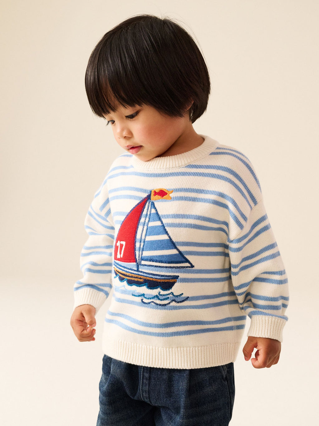 Cream/Blue Boat Character Knitted Crew Neck Jumper (3mths-7yrs)