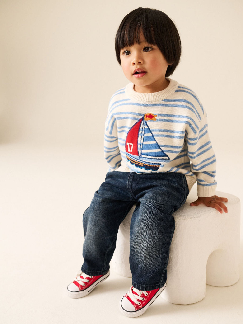Cream/Blue Boat Character Knitted Crew Neck Jumper (3mths-7yrs)