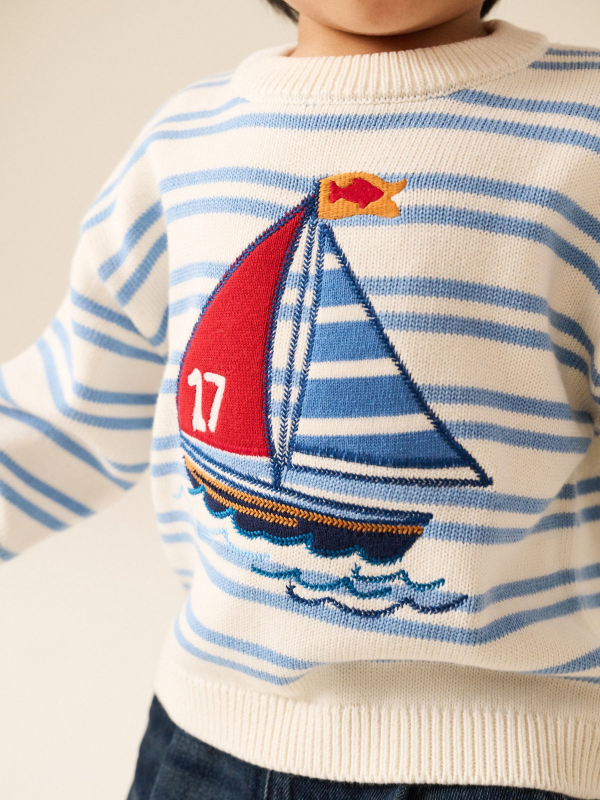 Cream/Blue Boat Character Knitted Crew Neck Jumper (3mths-7yrs)