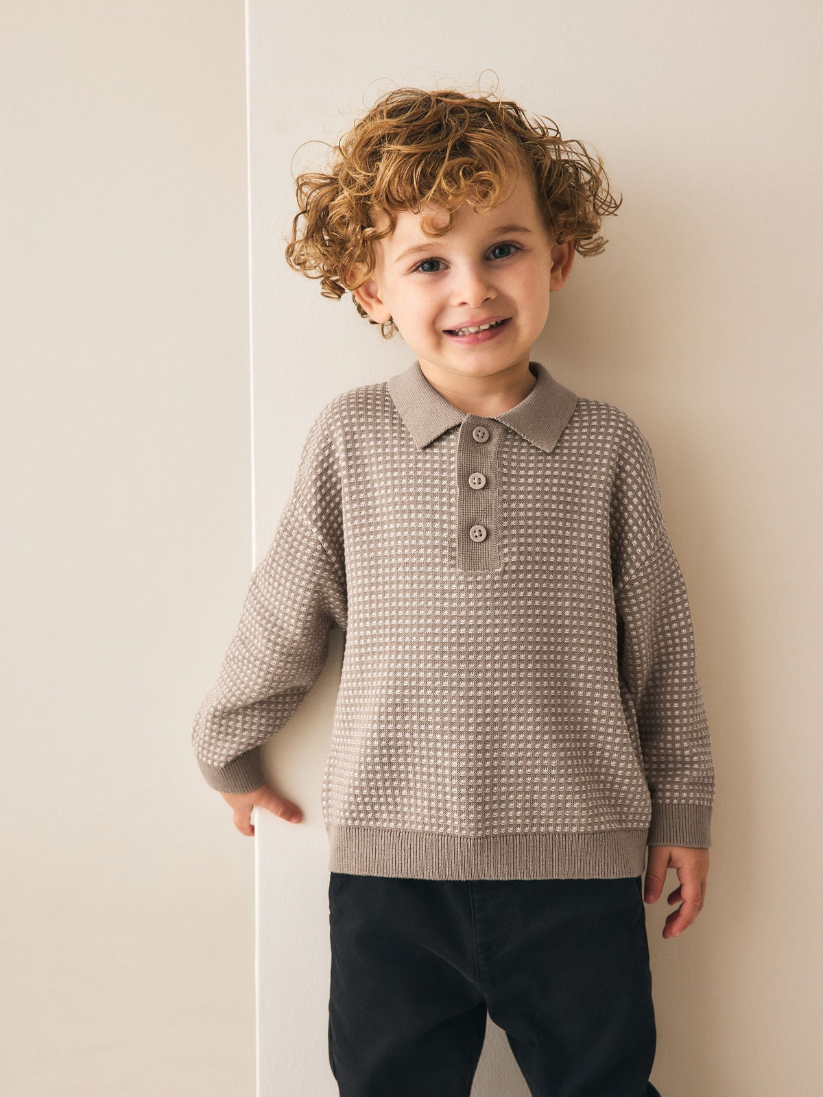 Neutral Textured Knitted Popper Neck Polo Shirt (3mths-7yrs)