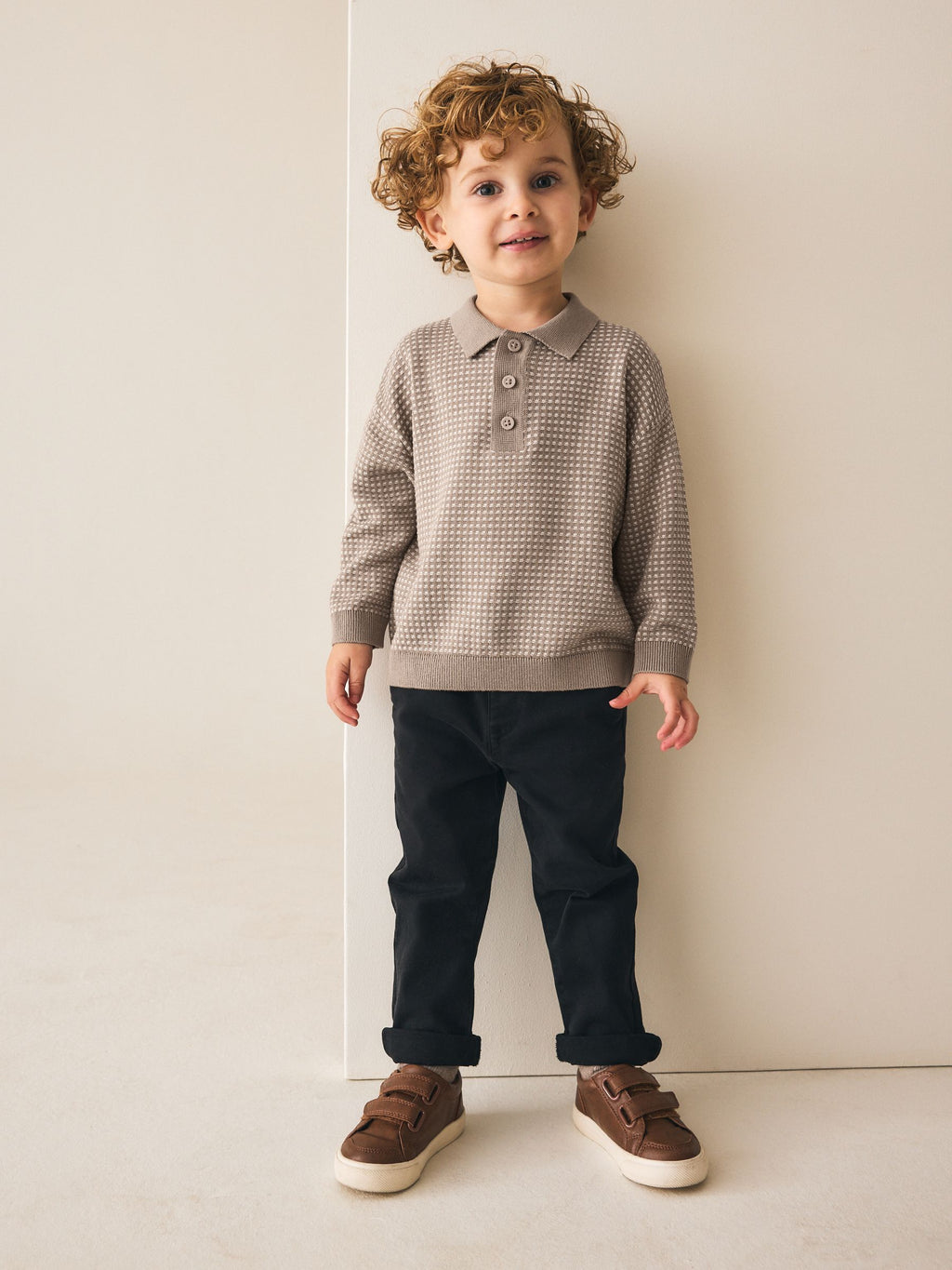 Neutral Textured Knitted Popper Neck Polo Shirt (3mths-7yrs)