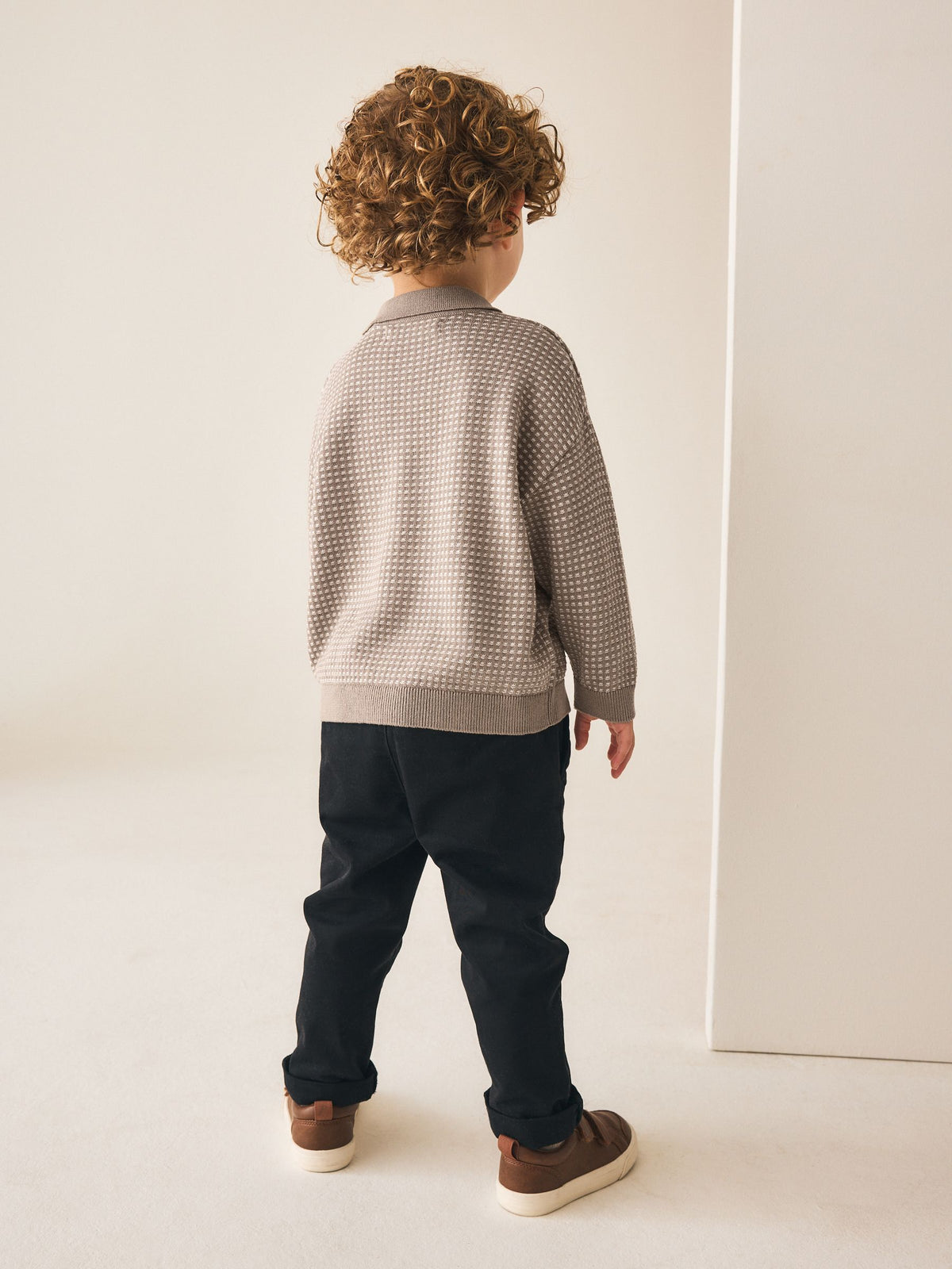 Neutral Textured Knitted Popper Neck Polo Shirt (3mths-7yrs)