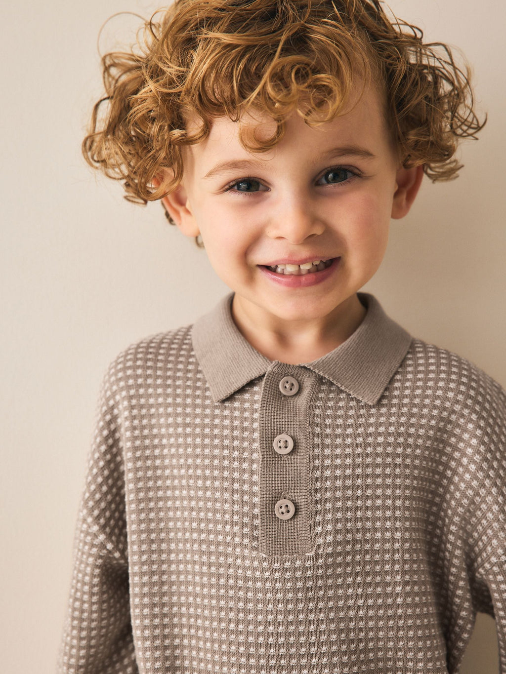 Neutral Textured Knitted Popper Neck Polo Shirt (3mths-7yrs)