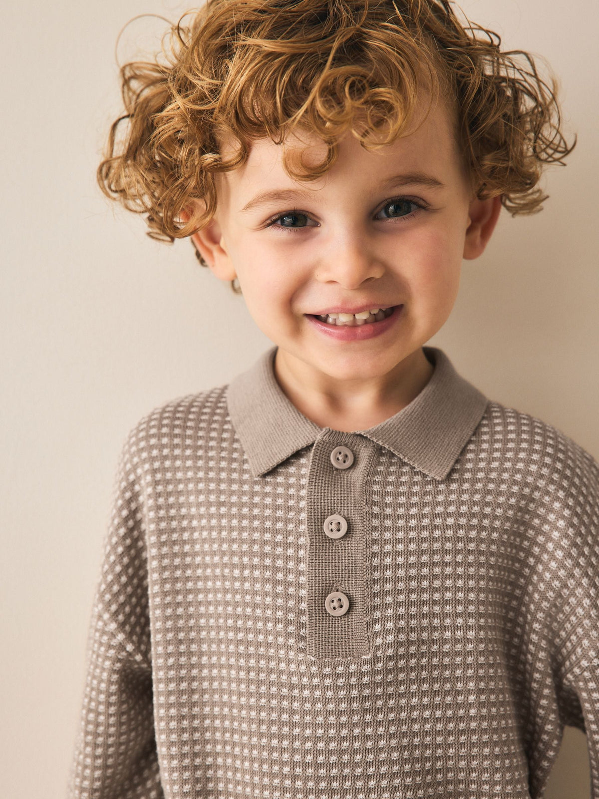 Neutral Textured Knitted Popper Neck Polo Shirt (3mths-7yrs)